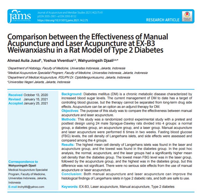 Comparison between the Effectiveness of Manual Acupuncture and Laser Acupuncture at EX-B3 Weiwanxiashu in a Rat Model of Type 2 Diabetes - 